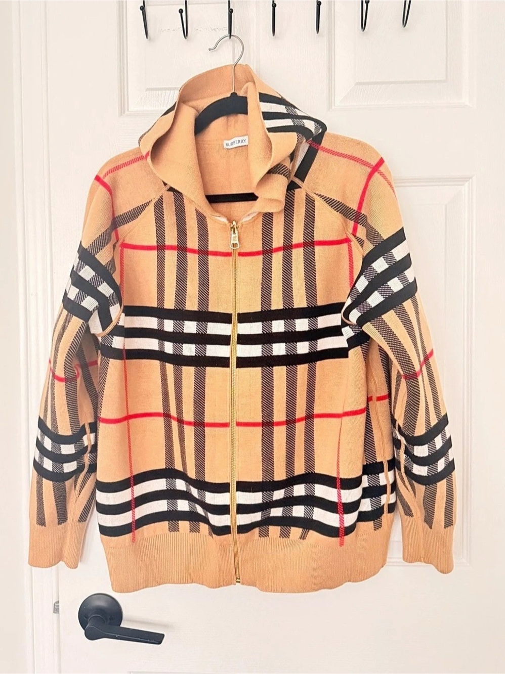 Burberry Plaid Hooded Zip Cardigan in Brown & Black